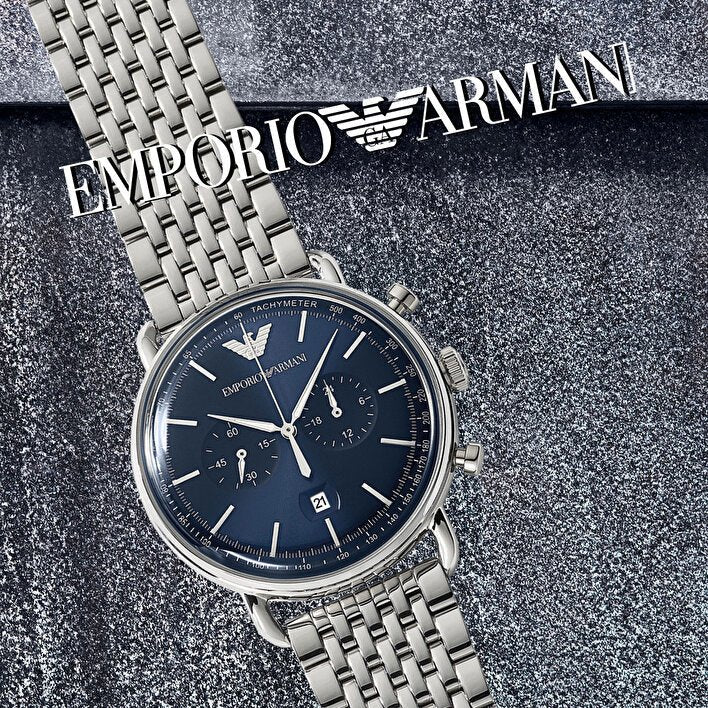 Emporio Armani Aviator Chronograph Blue Dial Silver Stainless Steel Watch For Men - AR11238 Watches Emporio Armani   