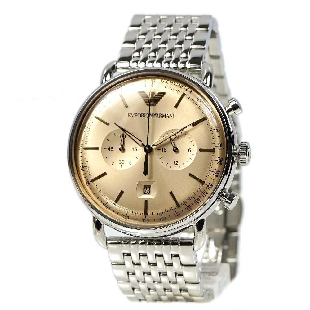 Emporio Armani Aviator Chronograph Beige Dial Silver Stainless Steel Strap Watch For Men - AR11239 Watches Emporio Armani   