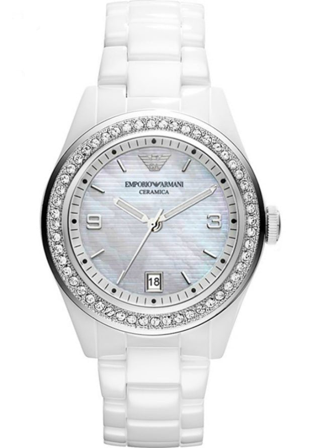 Emporio Armani Ceramica White Mother of Pearl Dial Stainless Steel Strap Watch For Women - AR1426 Watches Emporio Armani   