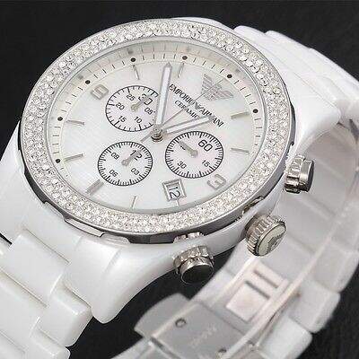 Emporio Armani Ceramica Chronograph White Dial White Ceramic Strap Watch For Women - AR1456 Watches Emporio Armani   