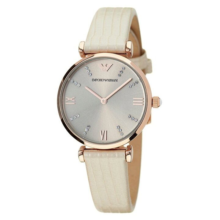 Emporio Armani Gianni T Bar Gunmetal Dial Beige Leather Strap Watch For Women - AR1681 Watches Emporio Armani   