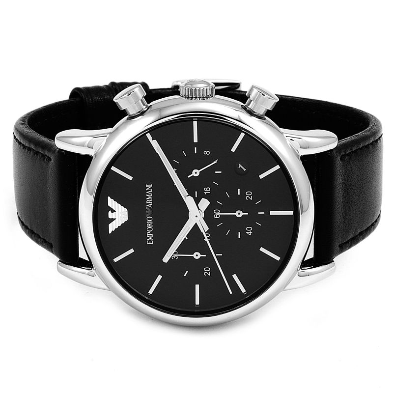 Emporio Armani Classic Chronograph Black Dial Black Leather Strap Watch For Men - AR1733 Watches Emporio Armani   