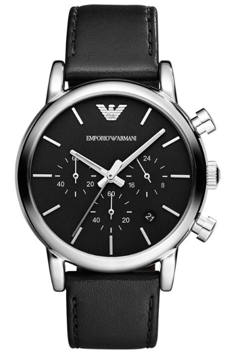 Emporio Armani Classic Chronograph Black Dial Black Leather Strap Watch For Men - AR1733 Watches Emporio Armani   