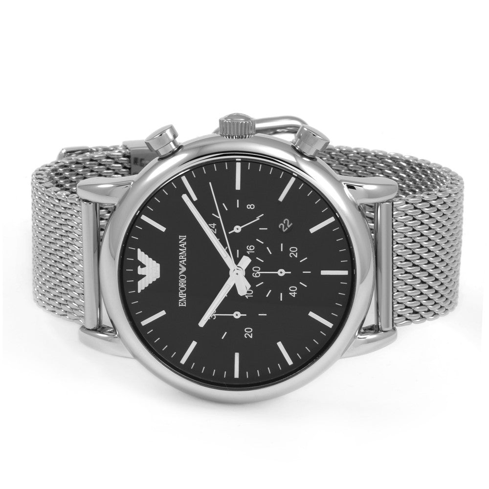 Emporio Armani Classic Chronograph Black Dial Silver Mesh Bracelet Watch For Men - AR1808 Watches Emporio Armani   