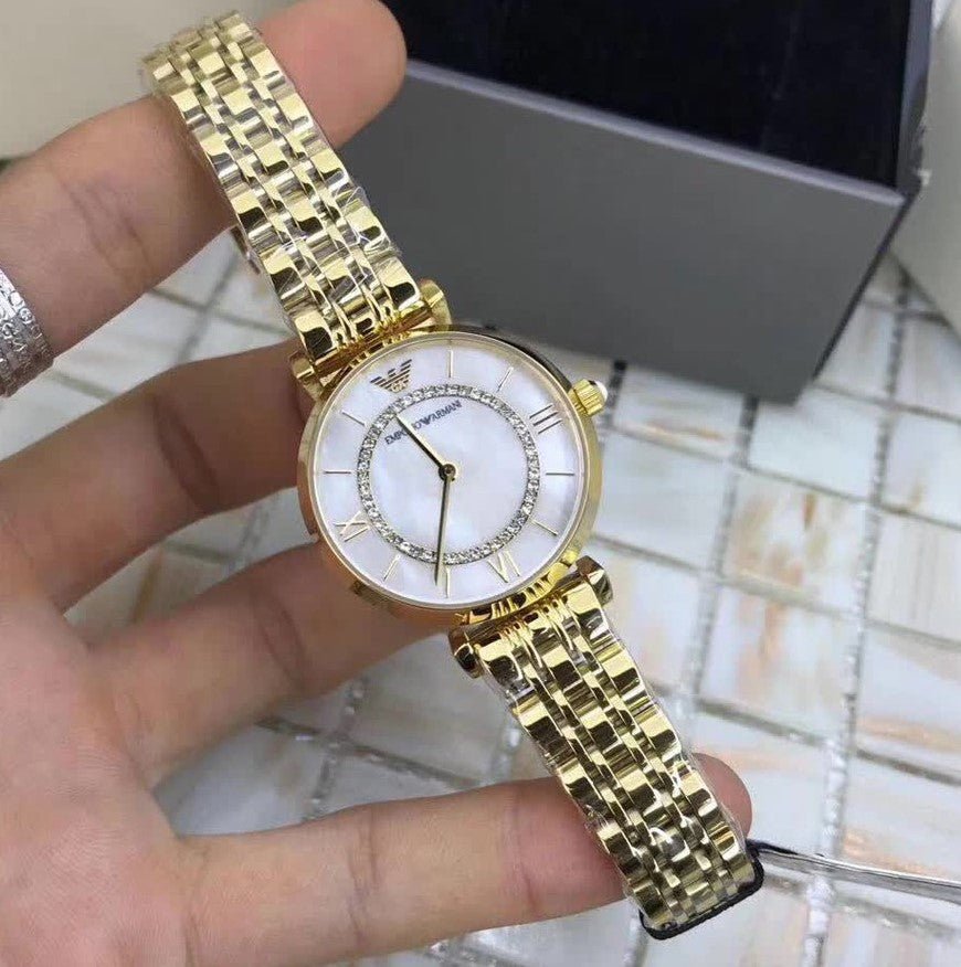 Emporio Armani Gianni T Bar White Mother of Pearl Dial Gold Stainless Steel Watch For Women - AR1907 Watches Emporio Armani   