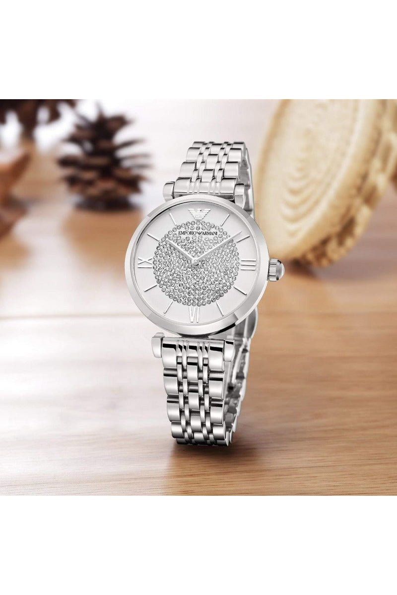 Emporio Armani Gianni T Bar White Crystal Pave Dial Silver Stainless Steel Strap Watch For Women - AR1925 Watches Emporio Armani   