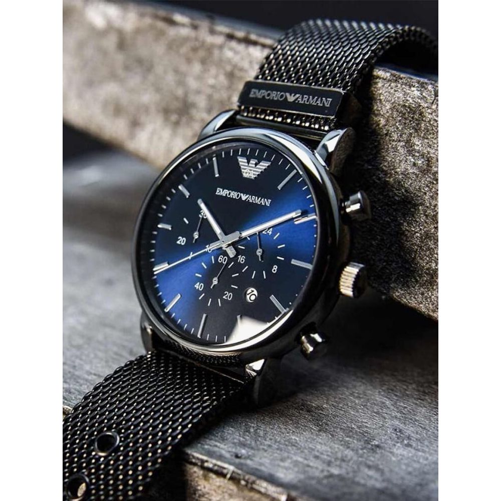 Emporio Armani Chronograph Blue Dial Gun Metallic Mesh Bracelet Watch For Men - AR1979 Watches Emporio Armani   