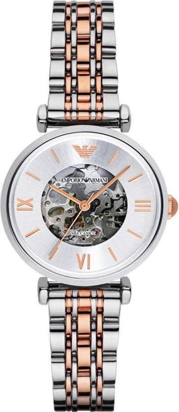 Emporio Armani Gianni T Bar Silver Skeleton Dial Two Tone Strap Watch For Women - AR1992 Watches Emporio Armani   