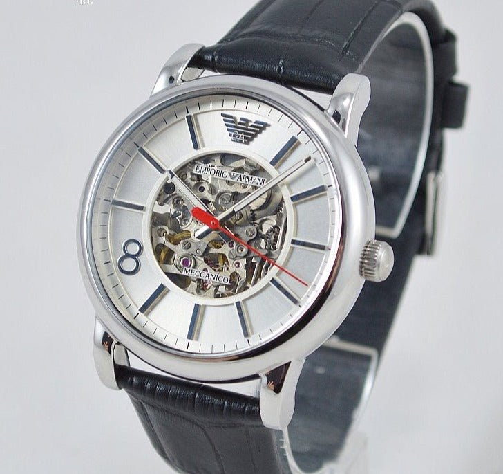 Emporio Armani Meccanico Silver Skeleton Dial Black Leather Watch For Men - AR1997 Watches Emporio Armani   