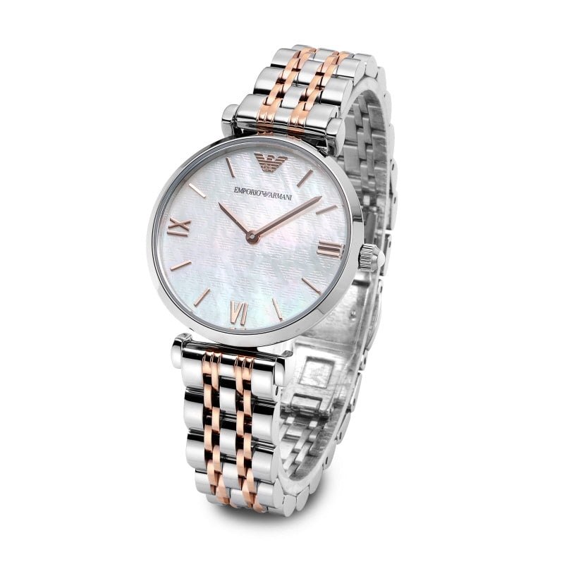 Emporio Armani Gianni T-Bar Mother of Pearl Dial Two Tone Stainless Steel Watch For Women - AR1987 Watches Emporio Armani   