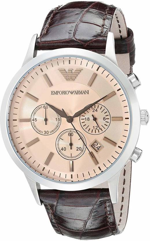 Emporio Armani Classic Chronograph Beige Dial Brown Leather Strap Watch For Men - AR2433 Watches Emporio Armani   