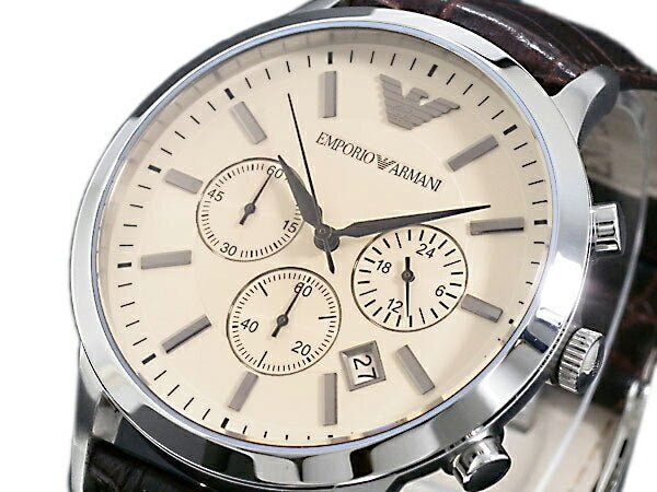 Emporio Armani Classic Chronograph Beige Dial Brown Leather Strap Watch For Men - AR2433 Watches Emporio Armani   