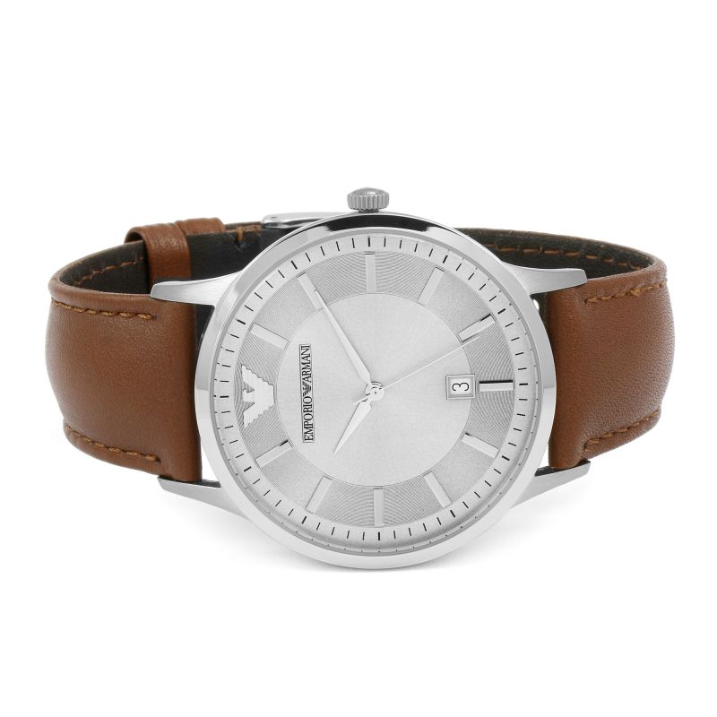 Emporio Armani Renato Silver Dial Brown LeatherStrap Watch For Men - AR2463 Watches Emporio Armani   