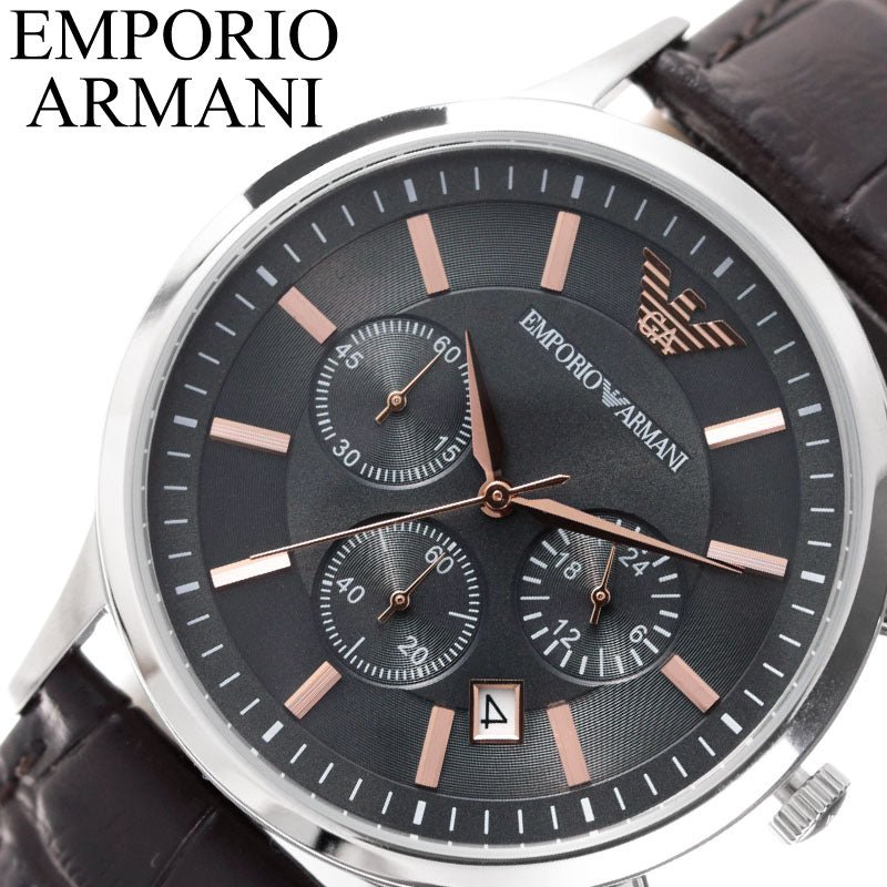 Emporio Armani Renato Chronograph Grey Dial Brown Leather Strap Watch For Men - AR2513 Watches Emporio Armani   