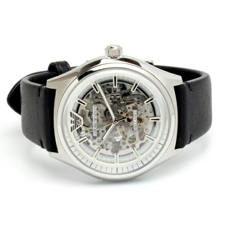 Emporio Armani Meccanico White Skeleton Dial Black Leather Strap Watch For Men - AR60003 Watches Emporio Armani   