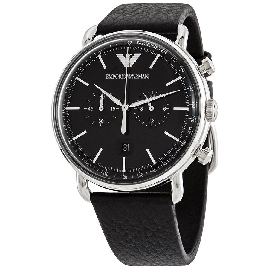 Emporio Armani Aviator Chronograph Black Dial Black Leather Strap Watch For Men - AR11143 Watches Emporio Armani   