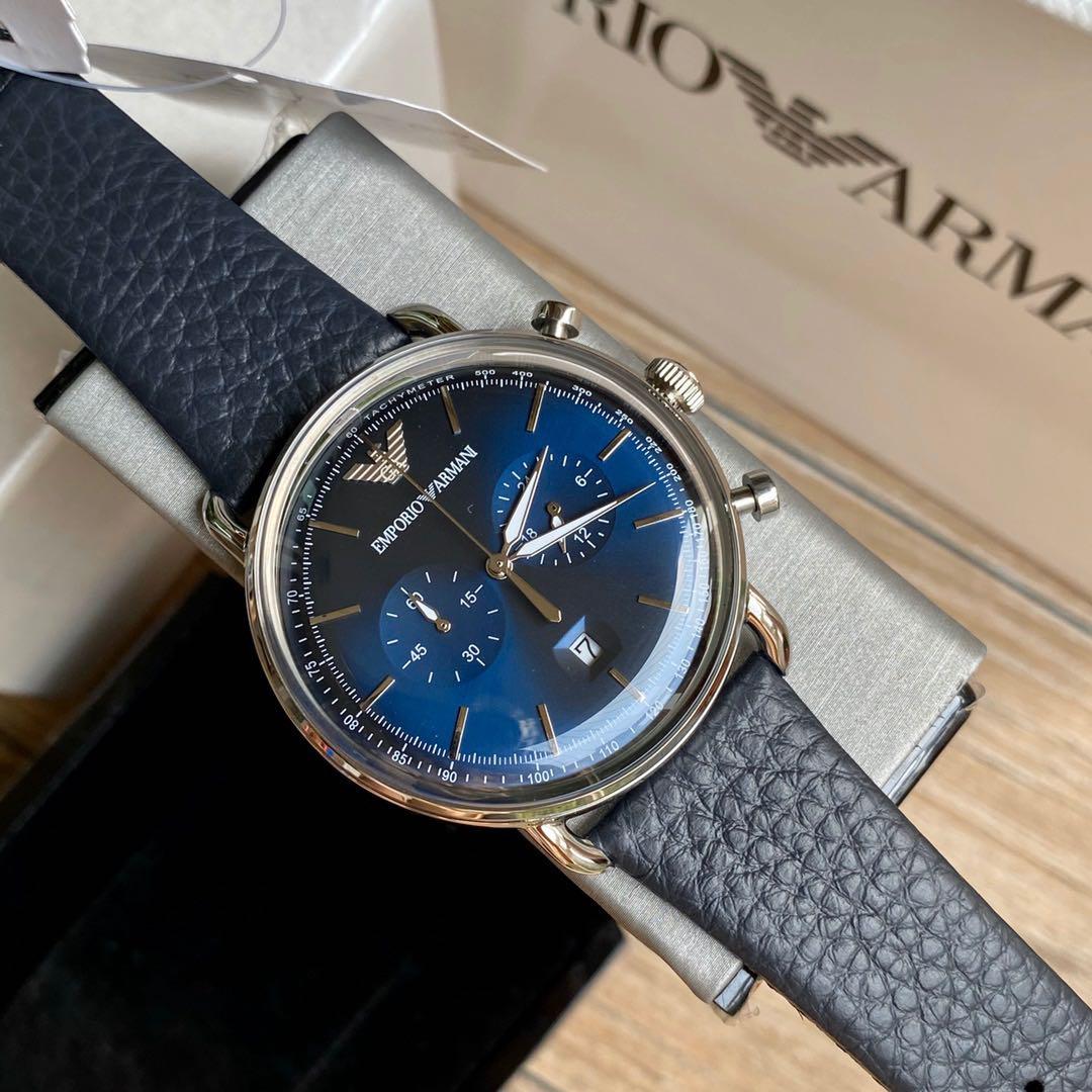 Emporio Armani Aviator Blue Dial Blue Leather Strap Watch For Men - AR11105 Watches Emporio Armani   