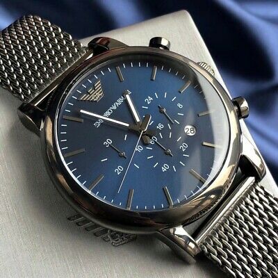 Emporio Armani Chronograph Blue Dial Gun Metallic Mesh Bracelet Watch For Men - AR1979 Watches Emporio Armani   