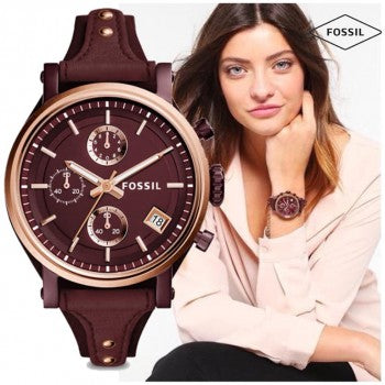 Fossil Original Boyfriend Sport Chronograph Maroon Dial Maroon Leather Strap Watch for Women - ES4114 Watches Fossil   