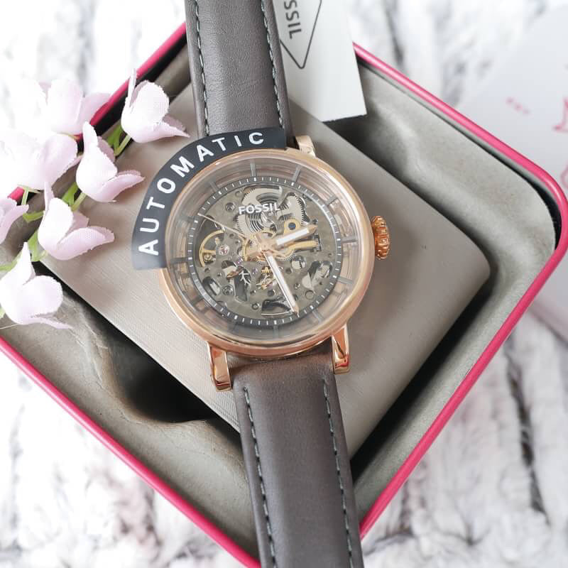 Fossil Boyfriend Automatic Skeleton Grey Dial Grey Leather Strap Watch for Women - ME3089 Watches Fossil   