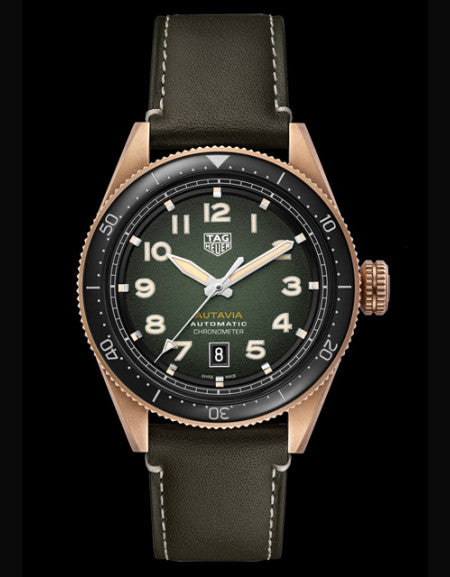 Tag Heuer Autavia Calibre 5 Automatic 42mm Olive Green Dial Leather Strap Watch for Men - WBE5190.FC8268 Watches Tag Heuer   