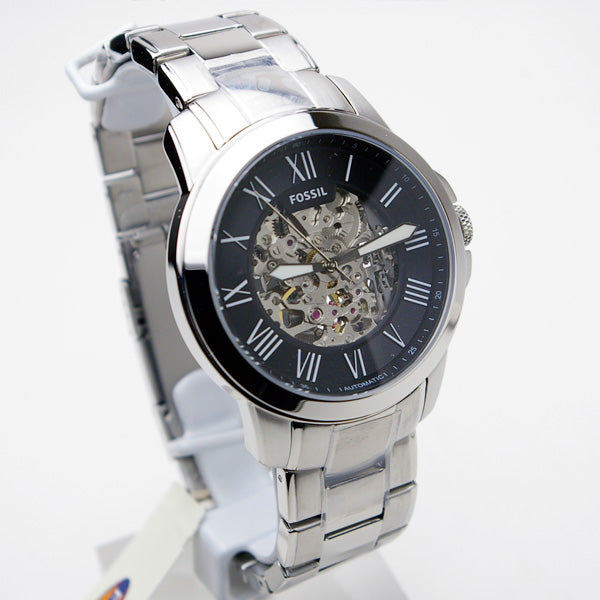 Fossil Grant Automatic Skeleton Black Dial Silver Steel Strap Watch for Men - ME3103 Watches Fossil   