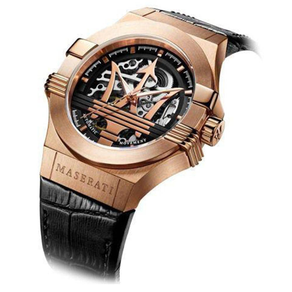 Maserati Potenza Automatic Rose Gold Dial Black Leather Strap Watch For Men - R8821108002 Watches Maserati   