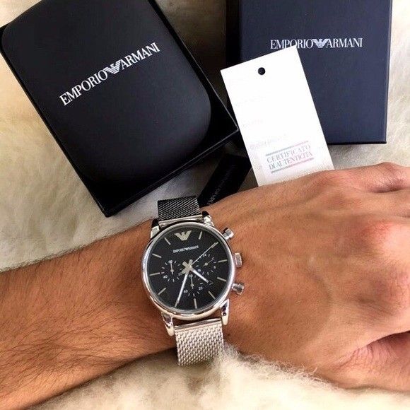 Emporio Armani Luigi Chronograph Black Dial Silver Mesh Bracelet Watch For Men - AR1811 Watches Emporio Armani   