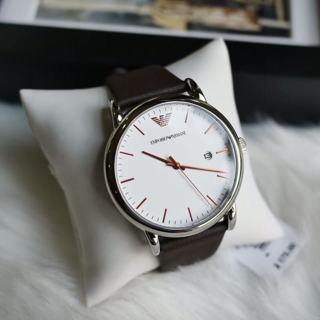 Emporio Armani White Dial Brown Leather Strap Watch For Men - AR11103 Watches Emporio Armani   