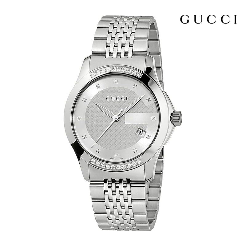 Gucci G Timeless Diamond Silver Dial Silver Steel Strap Watch For Men - YA126407 Watches Gucci   