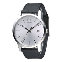 Calvin Klein City Date Silver Dial Black Leather Strap Watch for Men - K2G2G1C6 Watches Calvin Klein   