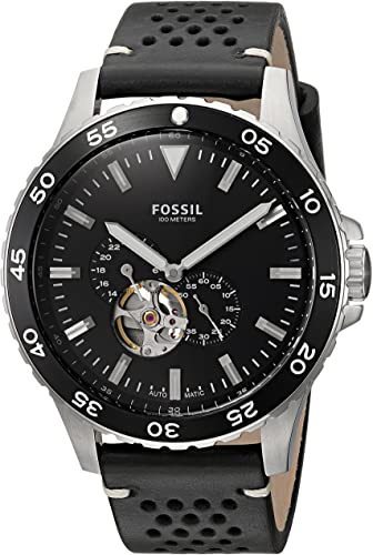 Fossil Crewmaster Sports Automatic Black Dial Black Leather Strap Watch for Men - ME3148 Watches Fossil   