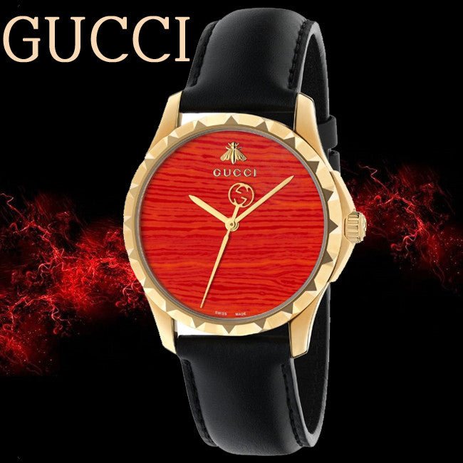 Gucci G Timeless Coral Red Dial Black Leather Strap Watch For Men - YA126464 Watches Gucci   