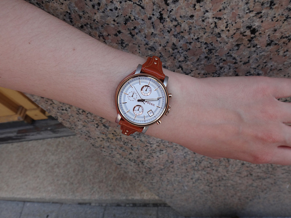 Fossil Boyfriend Chronograph White Dial Brown Leather Strap Watch for Women - ES3837 Watches Fossil   