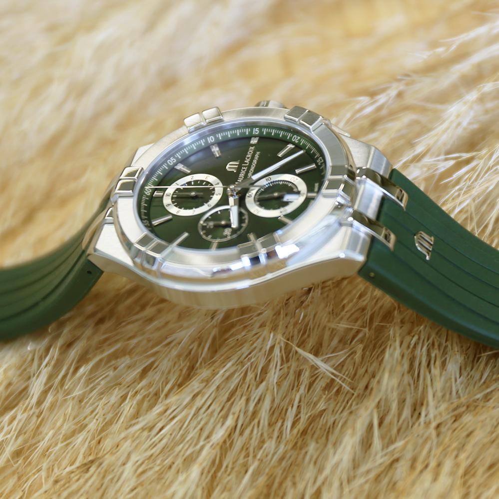 Maurice Lacroix Aikon Chronograph Green Dial Green Rubber Strap Watch for Men  - AI1018-SS000-630-5 Watches Maurice Lacroix   