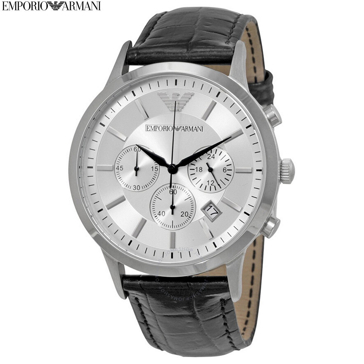 Emporio Armani Classic Chronograph Silver Dial Black Leather Strap Watch For Men - AR2432 Watches Emporio Armani   