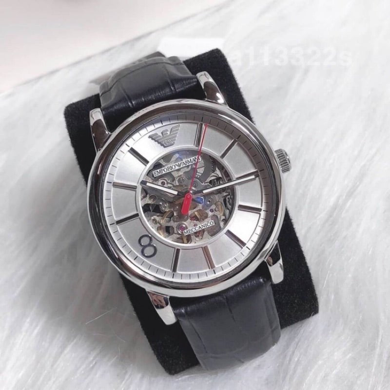 Emporio Armani Meccanico Silver Skeleton Dial Black Leather Watch For Men - AR1997 Watches Emporio Armani   