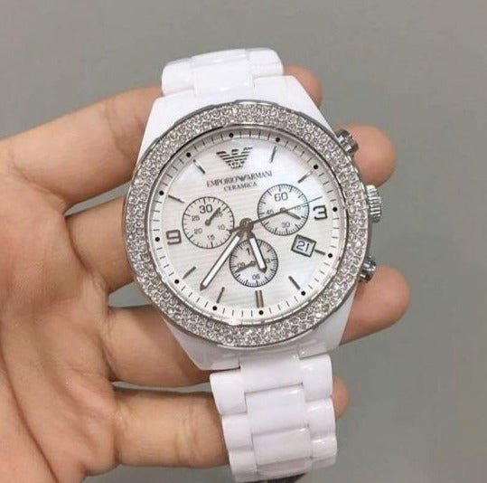 Emporio Armani Ceramica Chronograph White Dial White Ceramic Strap Watch For Women - AR1456 Watches Emporio Armani   