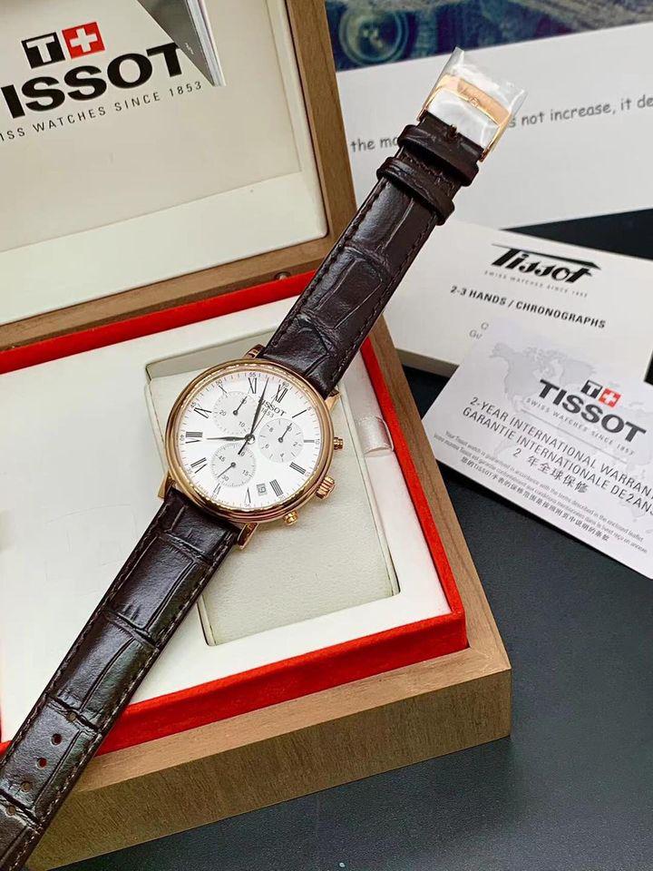 Tissot Carson Premium Chronograph White Dial Brown Leather Strap Watch For Men - T122.417.36.033.00 Watches Tissot   