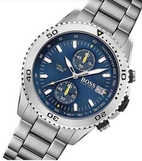 Hugo Boss Vela Chronograph Diver Blue Dial Silver Steel Strap Watch for Men - 1513775 Watches Hugo Boss   