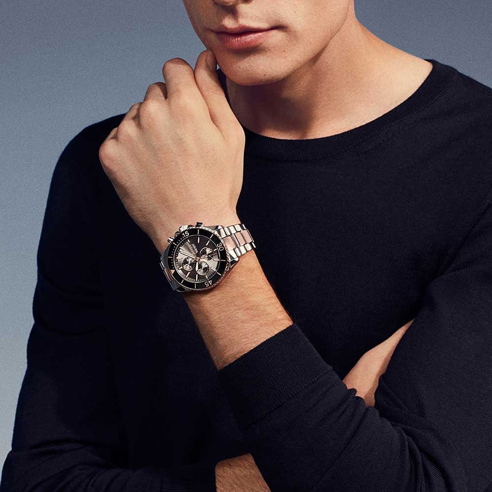 Hugo Boss Ocean Edition Black Dial Two Tone Steel Strap Watch for Men - 1513705 Watches Hugo Boss   
