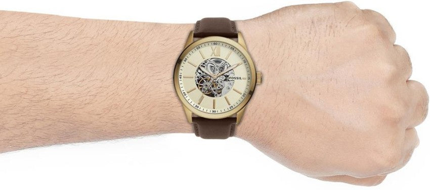 Fossil Flynn Mechanical Skeleton Champagne Dial Brown Leather Strap Watch for Men - BQ2215 Watches Fossil   