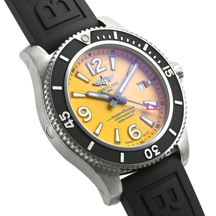 Breitling Superocean Automatic 44mm Yellow Dial Black Rubber Strap Watch for Men - A17367021I1S1 Watches Breitling   