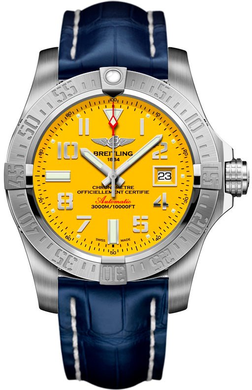 Breitling Avenger II Seawolf Yellow Dial Blue Leather Strap 45mm Mens Watch - A1733110/I519/112X Watches Breitling   