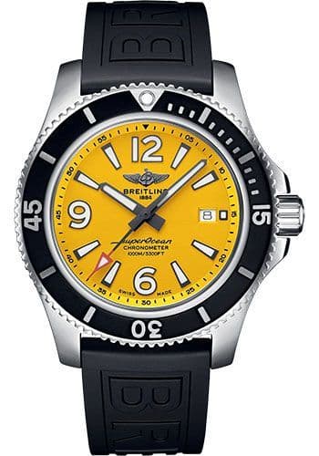 Breitling Superocean Automatic 44mm Yellow Dial Black Rubber Strap Watch for Men - A17367021I1S1 Watches Breitling   