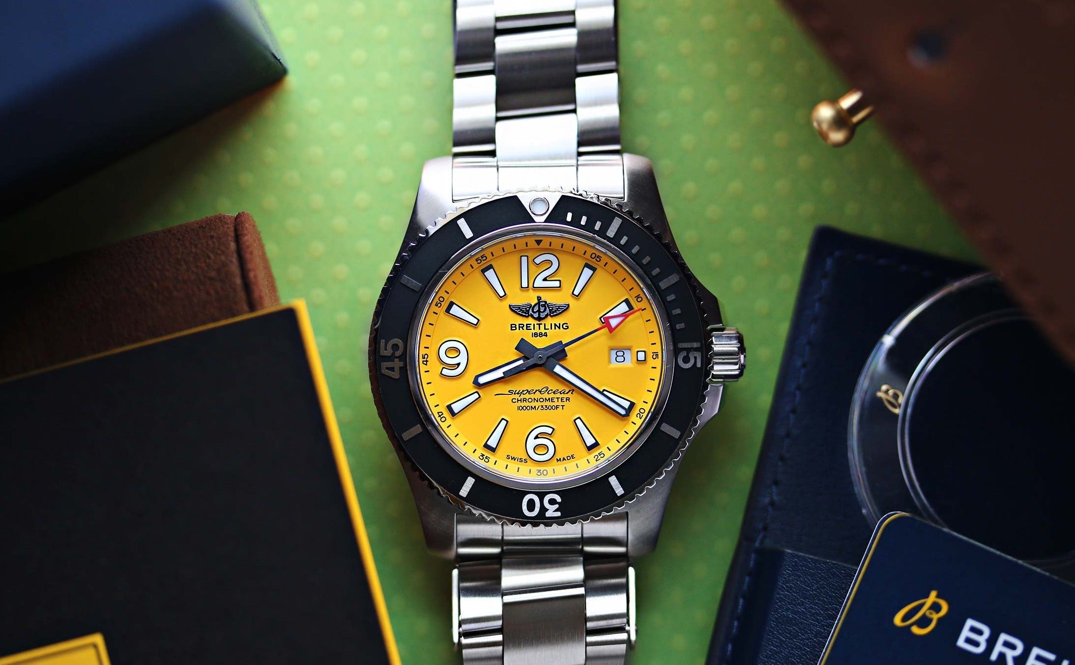 Breitling Superocean II Automatic 44mm Yellow Dial Silver Steel Strap Watch for Men - A17367021I1A1 Watches Breitling   