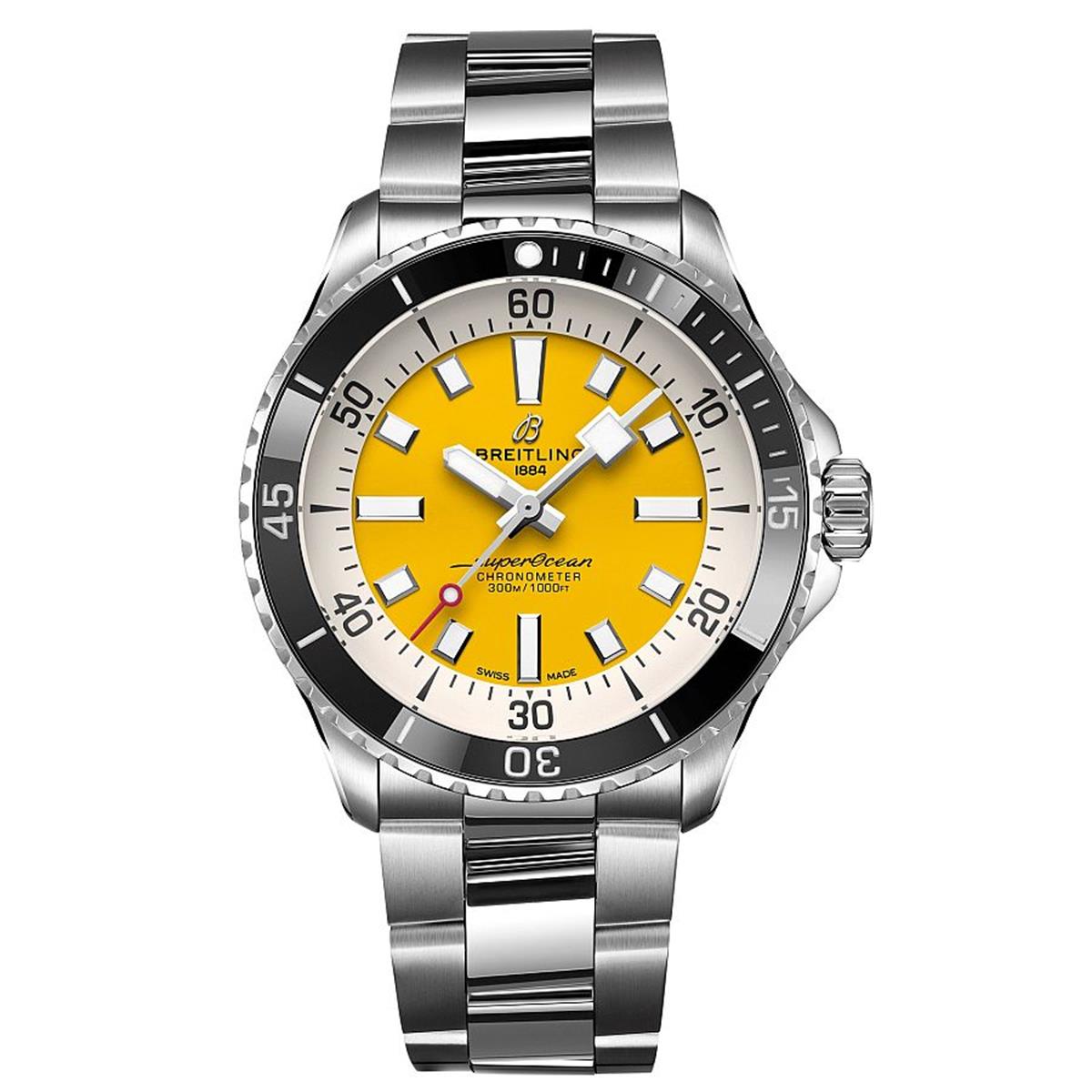 Breitling Superocean II Automatic 44mm Yellow Dial Silver Steel Strap Watch for Men - A17367021I1A1 Watches Breitling   