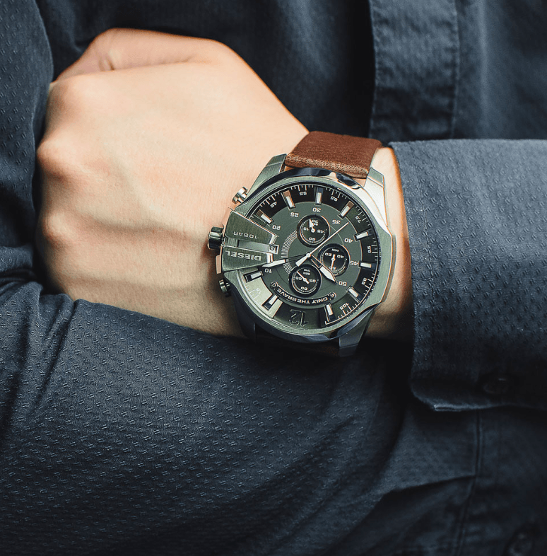 Diesel Mega Chief Black & Silver Round Dial Brown Leather Watch For Men - DZ4290 Watches Diesel   