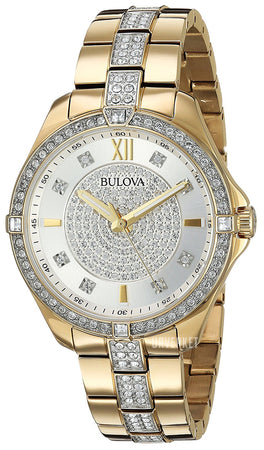 Bulova Crystal Collection Silver Crystal Dial Gold Steel Strap Watch for Women - 98L228 Watches Bulova   