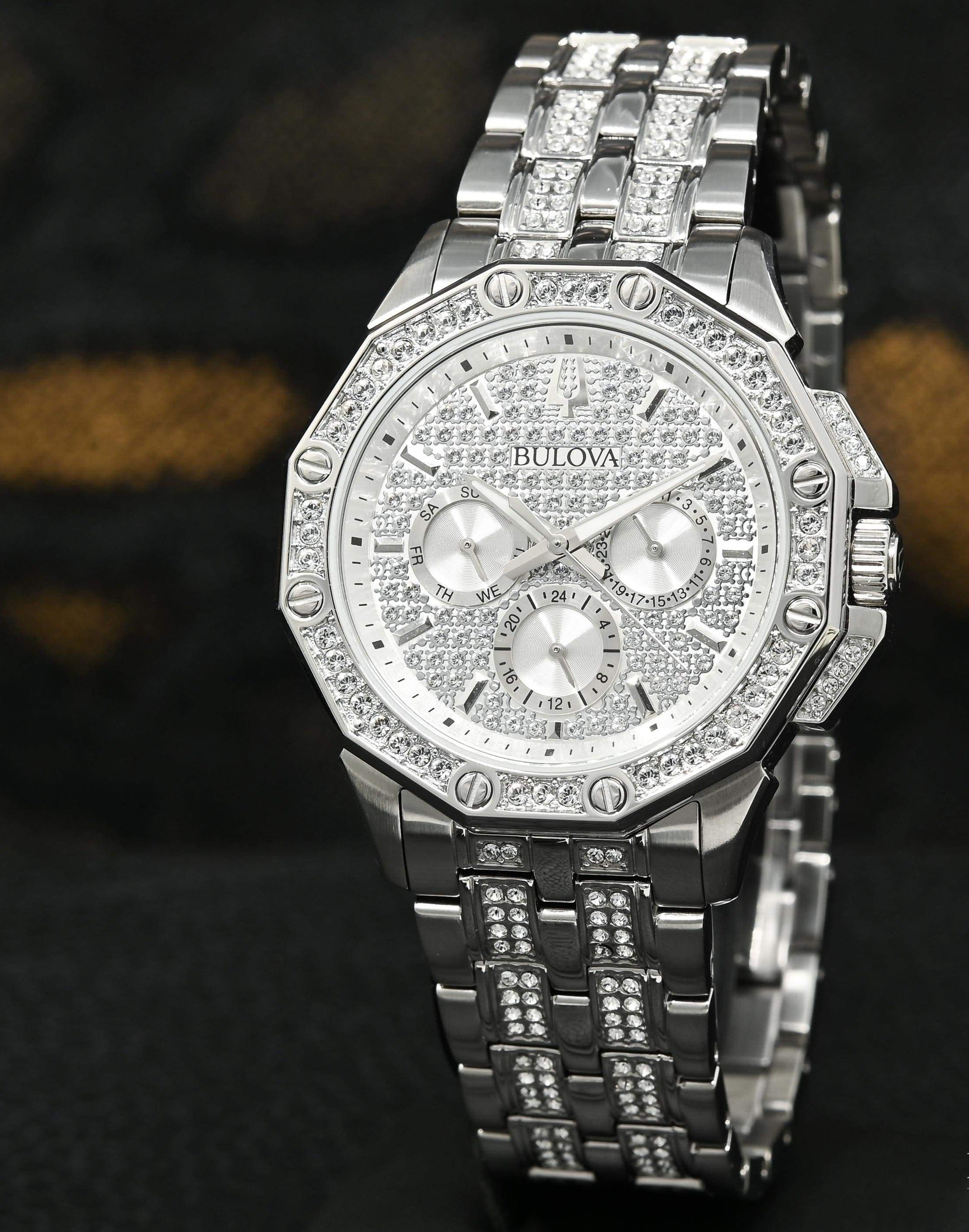 Bulova Crystal Collection Pave Silver Dial with Crystals Silver Steel Strap Watch for Men - 96C134 Watches Bulova   